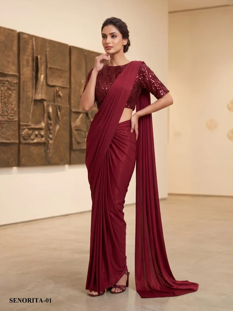 Maroon Lycra Embroidered , Sequence Designer Saree for Women - SENORITA VOL 01