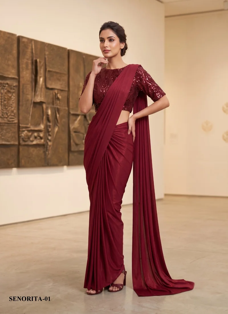 Maroon Lycra Embroidered , Sequence Designer Saree for Women - SENORITA VOL 01