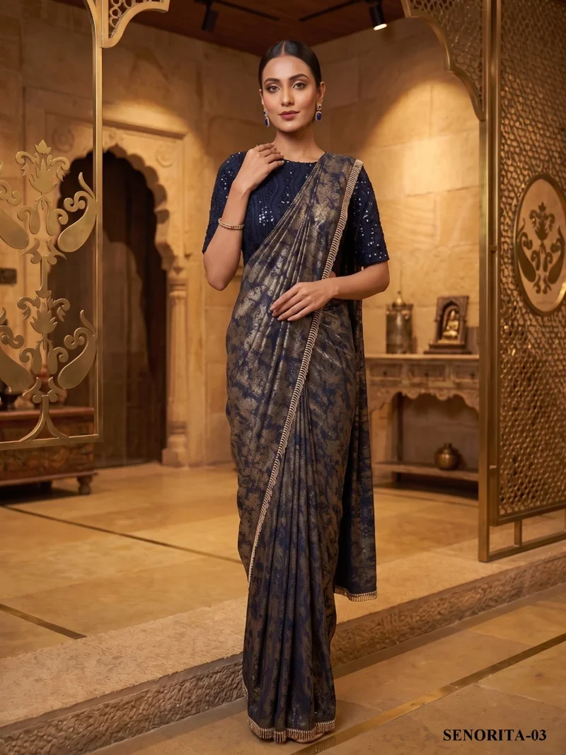 Royal Blue Lycra Embroidered , Sequence Designer Saree for Women - SENORITA VOL 02