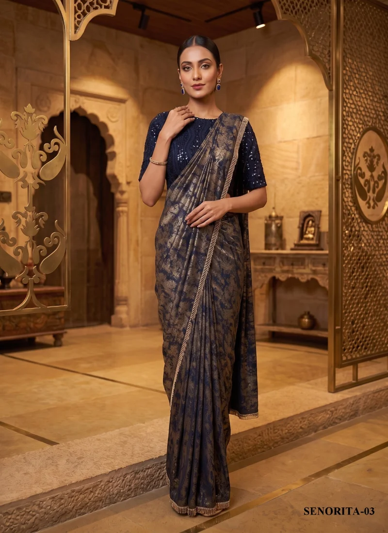 Royal Blue Lycra Embroidered , Sequence Designer Saree for Women - SENORITA VOL 02