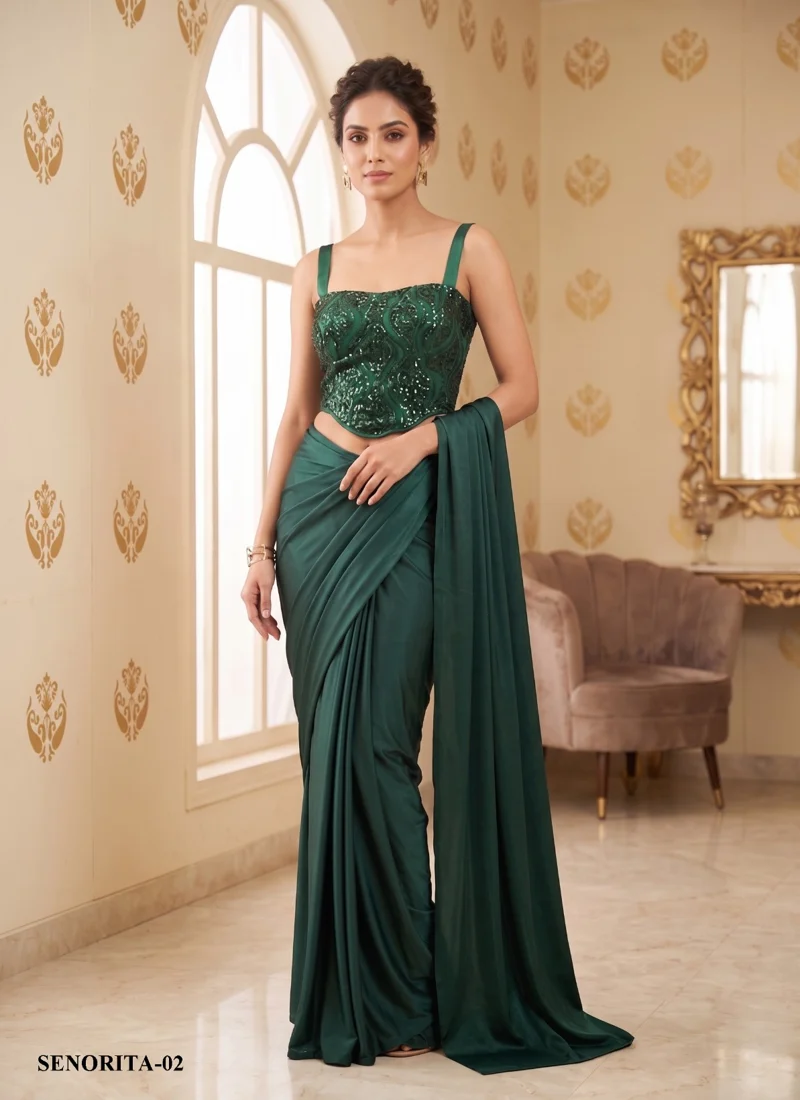 Green Lycra Embroidered , Sequence Designer Saree for Women - SENORITA VOL 03