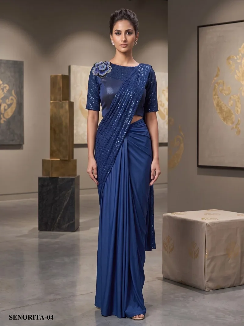 Blue Lycra Embroidered , Sequence Designer Saree for Women - SENORITA VOL 04