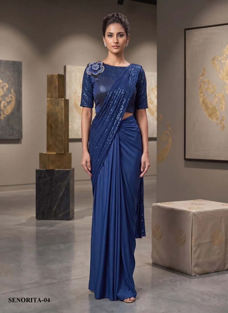 Blue Lycra Embroidered , Sequence Designer Saree for Women - SENORITA VOL 04