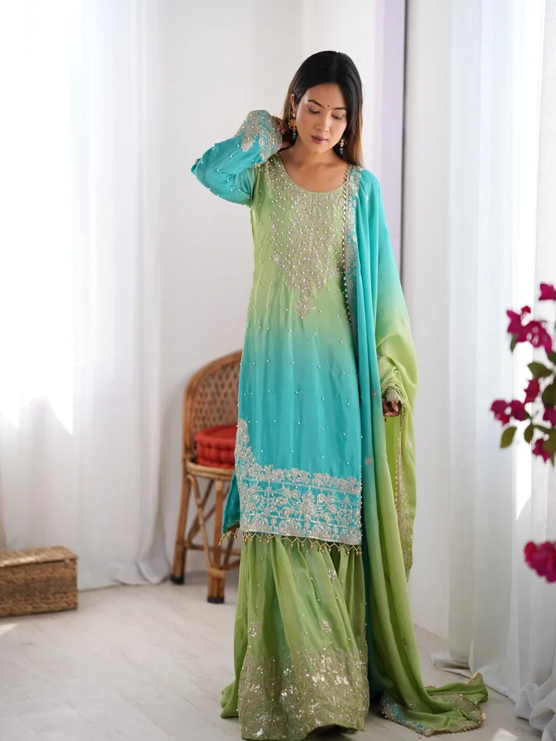 Green &Sky Blue Chinon Silk Codeing Dori with Sequnce with Rivet Moti Designer Salwar Kameez for Women - SP-01