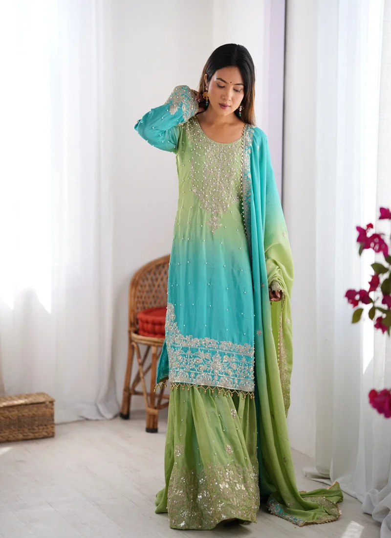 Green &Sky Blue Chinon Silk Codeing Dori with Sequnce with Rivet Moti Designer Salwar Kameez for Women - SP-01