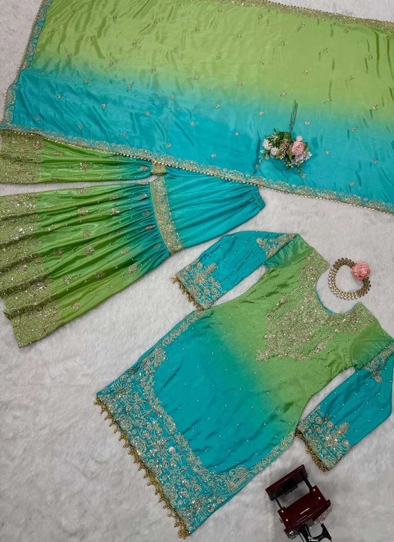 Green &Sky Blue Chinon Silk Codeing Dori with Sequnce with Rivet Moti Designer Salwar Kameez for Women - SP-01