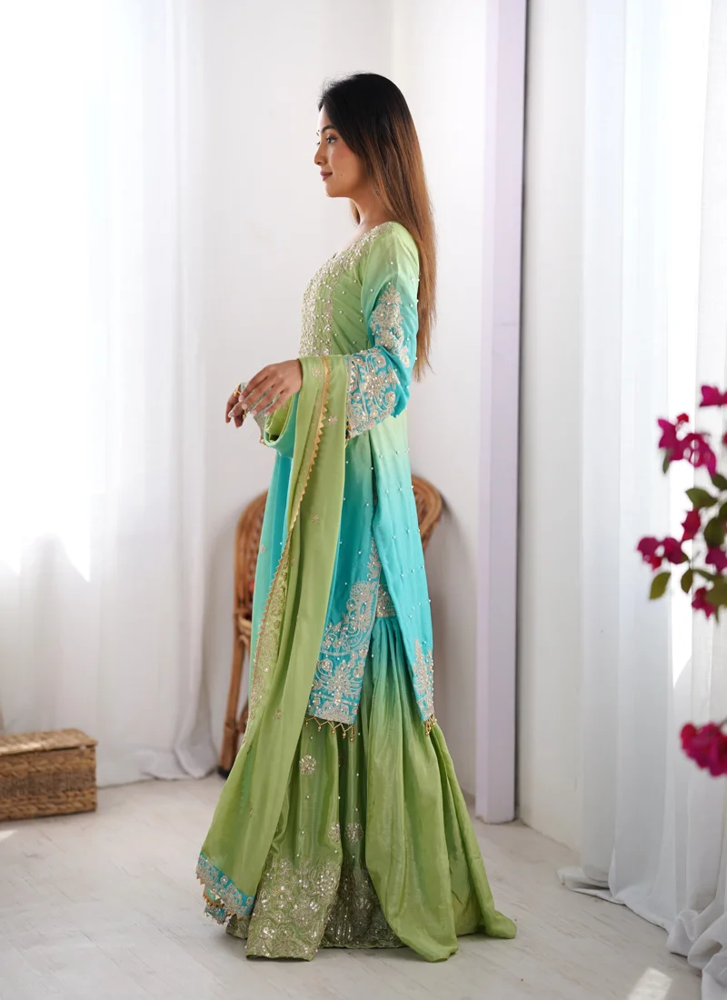 Green &Sky Blue Chinon Silk Codeing Dori with Sequnce with Rivet Moti Designer Salwar Kameez for Women - SP-01
