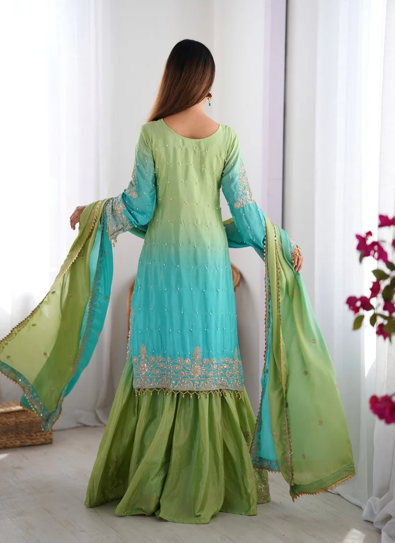 Green &Sky Blue Chinon Silk Codeing Dori with Sequnce with Rivet Moti Designer Salwar Kameez for Women - SP-01