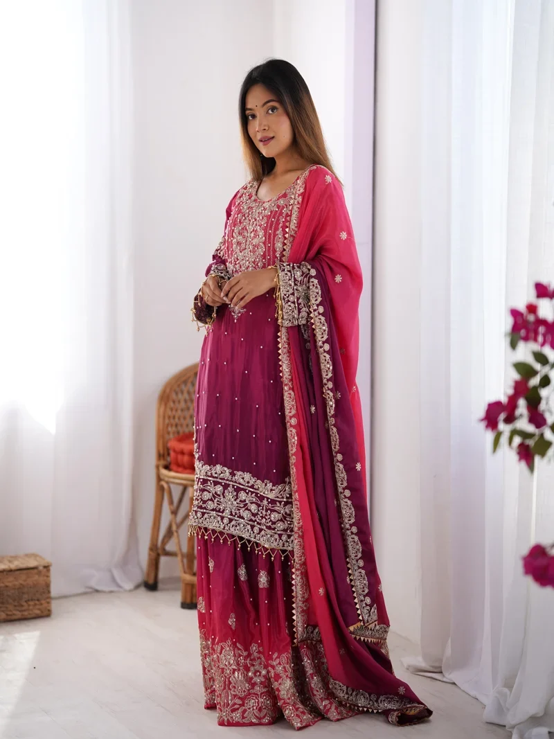 Maroon Chinon Silk Codeing Dori with Sequnce with Rivet Moti Designer Salwar Kameez for Women - SP-02