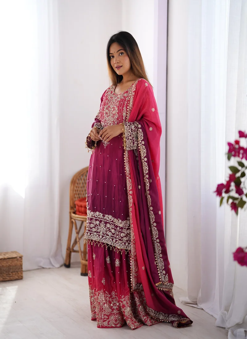 Maroon Chinon Silk Codeing Dori with Sequnce with Rivet Moti Designer Salwar Kameez for Women - SP-02