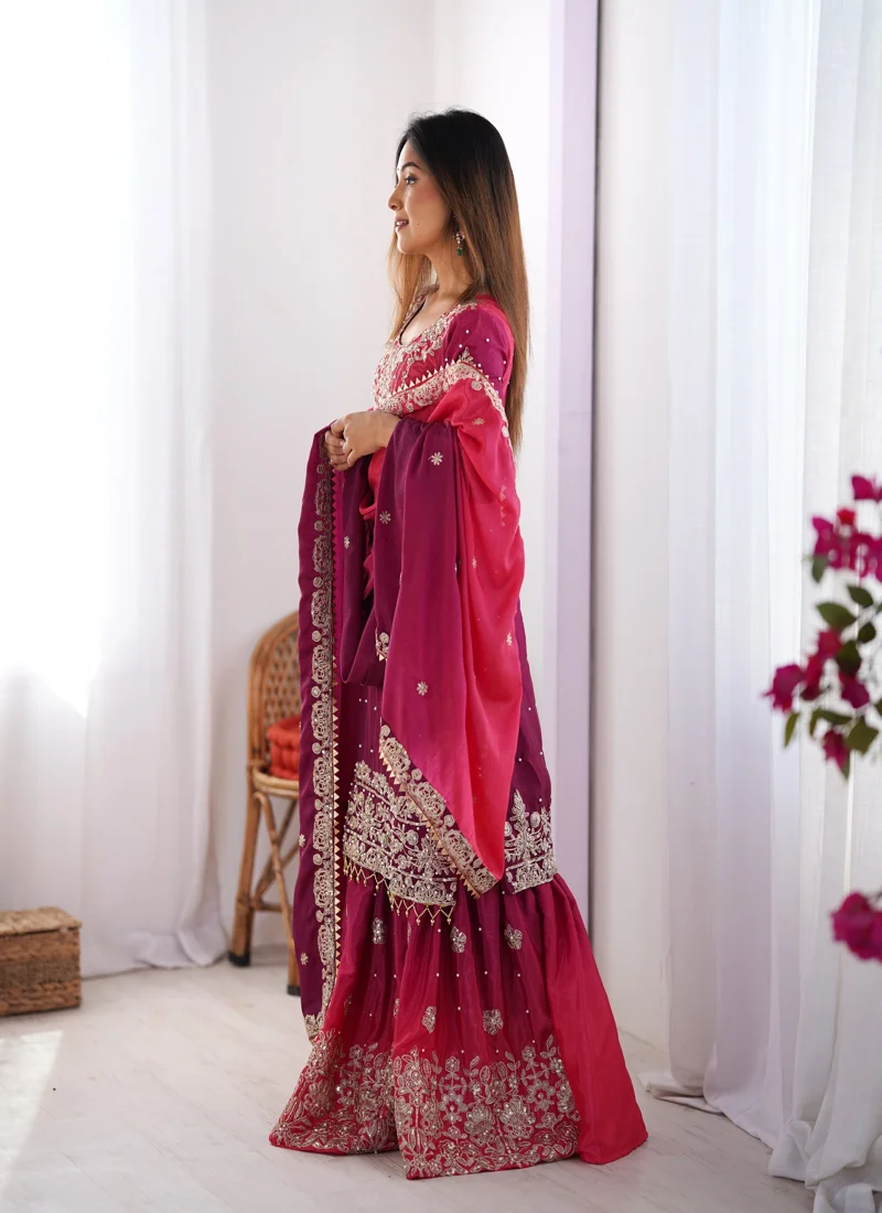 Maroon Chinon Silk Codeing Dori with Sequnce with Rivet Moti Designer Salwar Kameez for Women - SP-02