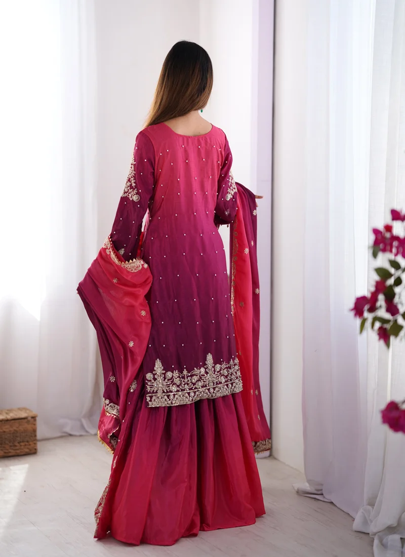 Maroon Chinon Silk Codeing Dori with Sequnce with Rivet Moti Designer Salwar Kameez for Women - SP-02