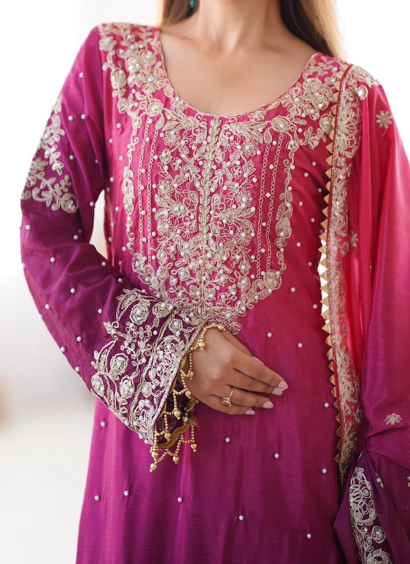 Maroon Chinon Silk Codeing Dori with Sequnce with Rivet Moti Designer Salwar Kameez for Women - SP-02
