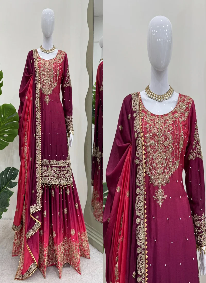 Maroon Chinon Silk Codeing Dori with Sequnce with Rivet Moti Designer Salwar Kameez for Women - SP-02