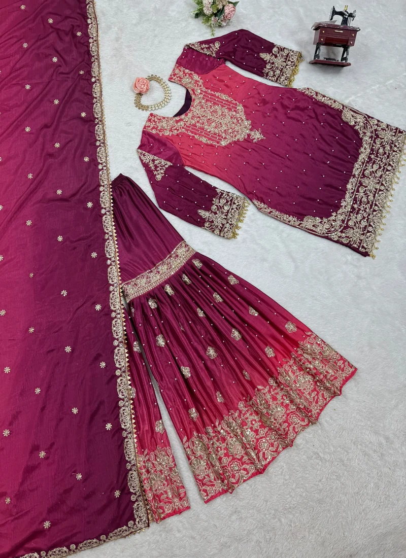 Maroon Chinon Silk Codeing Dori with Sequnce with Rivet Moti Designer Salwar Kameez for Women - SP-02