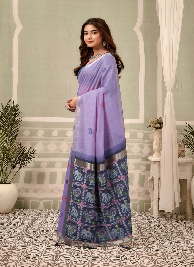 Purple • zari border patola pallu with Fancy Tassels • Printed • Designer Saree - Shanaya1 - Image 2
