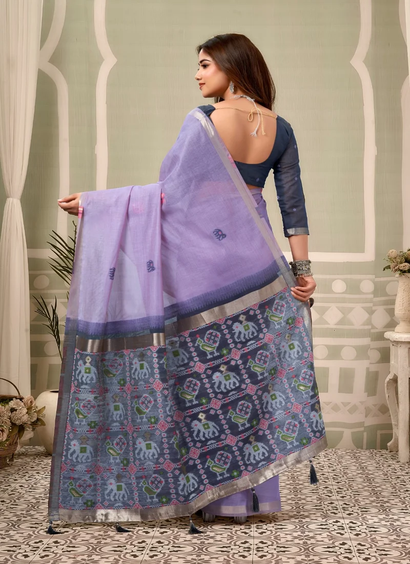 Purple • zari border patola pallu with Fancy Tassels • Printed • Designer Saree - Shanaya1 - Image 4