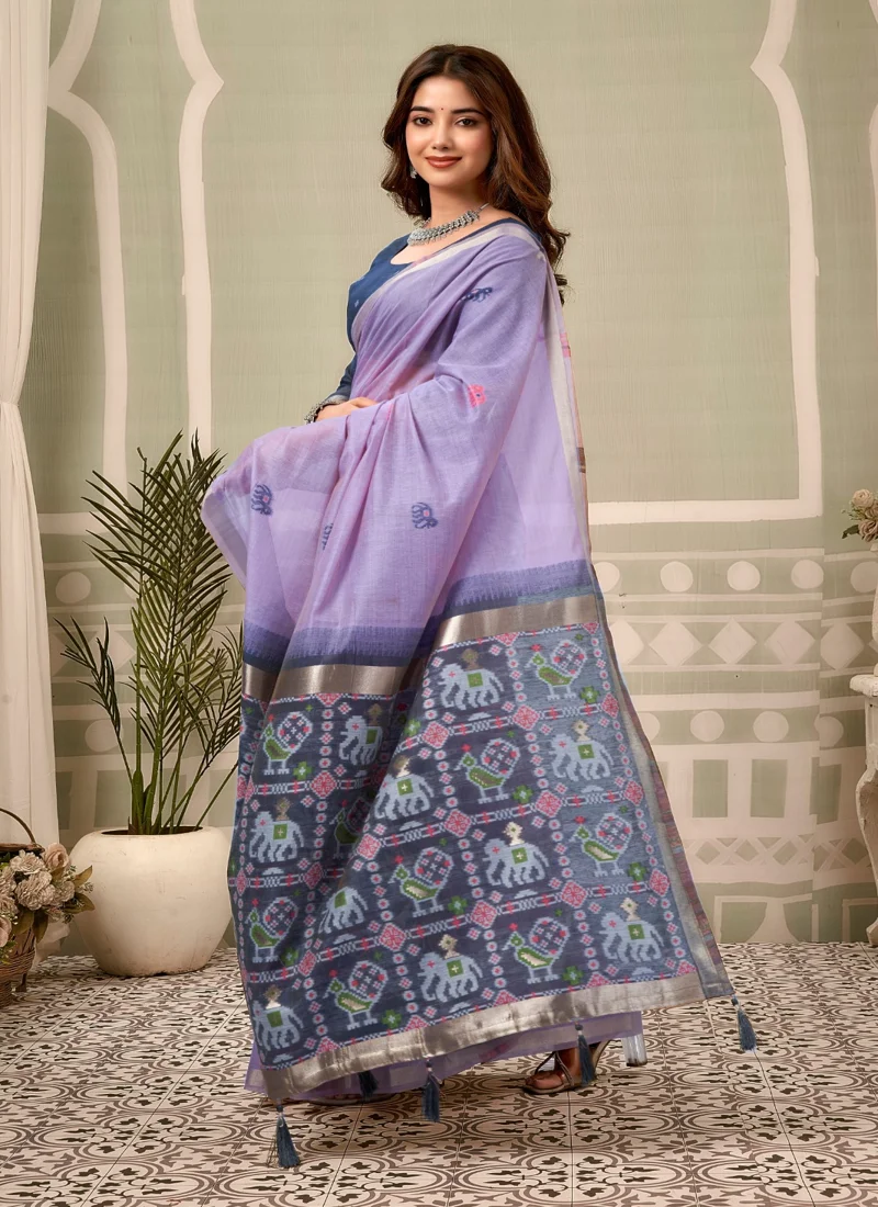 Purple • zari border patola pallu with Fancy Tassels • Printed • Designer Saree - Shanaya1 - Image 6