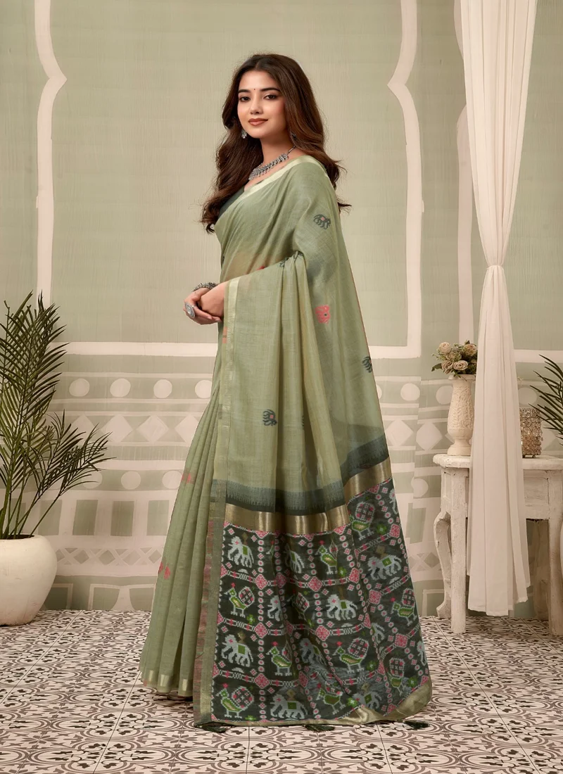 Green • zari border patola pallu with Fancy Tassels • Printed • Designer Saree - Shanaya3 - Image 2