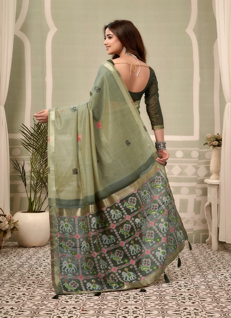 Green • zari border patola pallu with Fancy Tassels • Printed • Designer Saree - Shanaya3 - Image 3