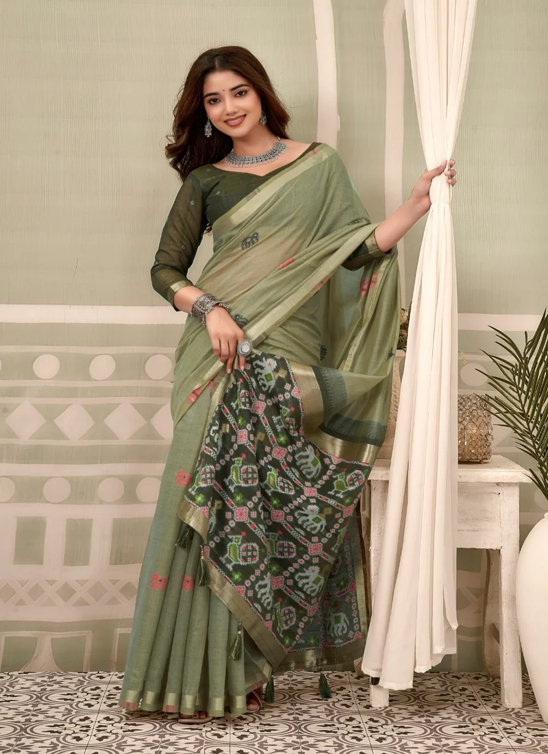 Green • zari border patola pallu with Fancy Tassels • Printed • Designer Saree - Shanaya3 - Image 5
