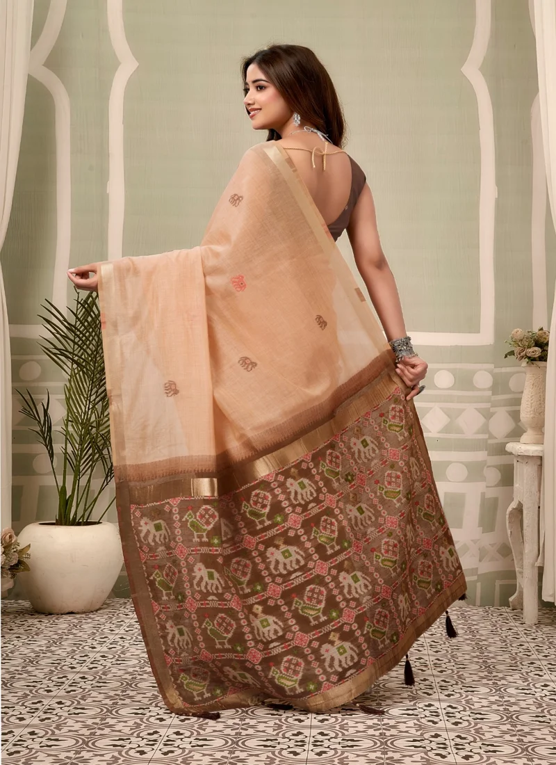 Peach • zari border patola pallu with Fancy Tassels • Printed • Designer Saree - Shanaya4 - Image 2