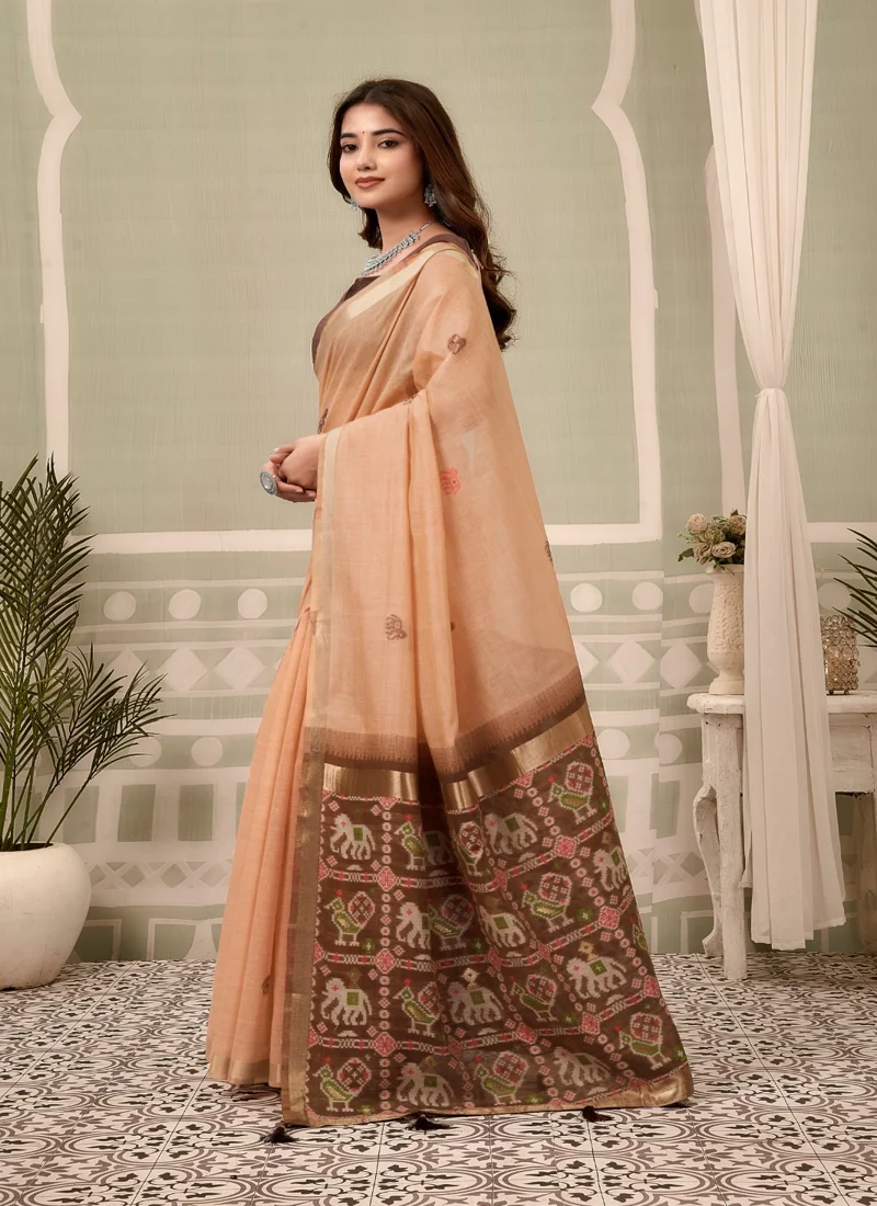 Peach • zari border patola pallu with Fancy Tassels • Printed • Designer Saree - Shanaya4 - Image 3