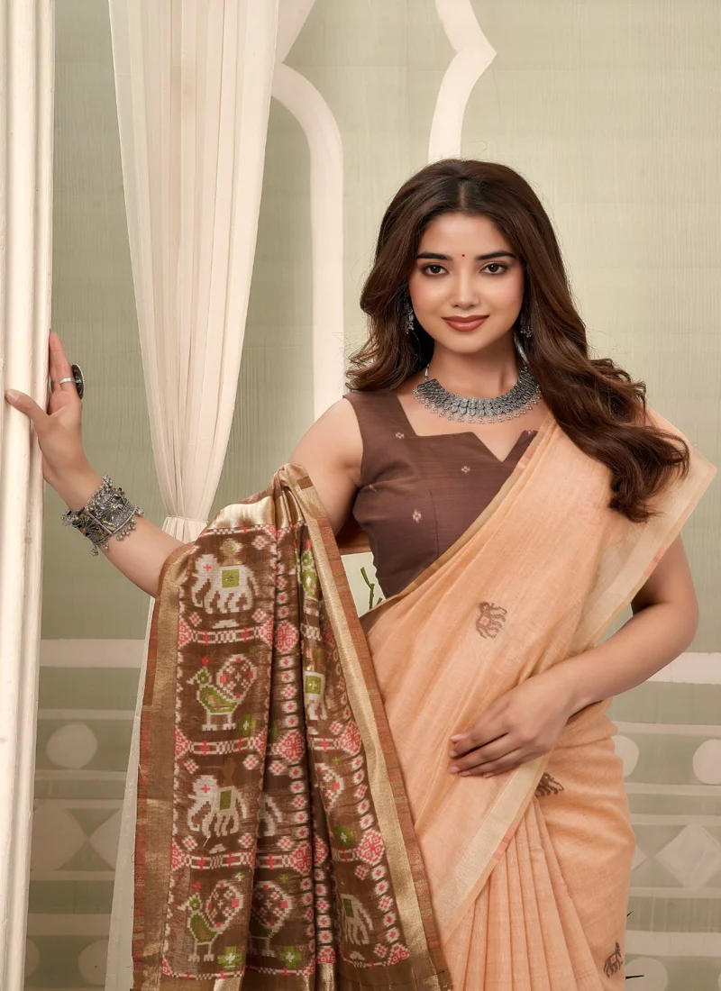 Peach • zari border patola pallu with Fancy Tassels • Printed • Designer Saree - Shanaya4 - Image 7