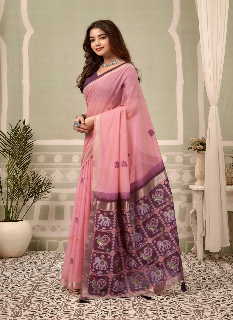 Pink • zari border patola pallu with Fancy Tassels • Printed • Designer Saree - Shanaya5 - Image 2