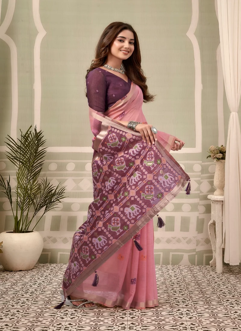 Pink • zari border patola pallu with Fancy Tassels • Printed • Designer Saree - Shanaya5 - Image 7