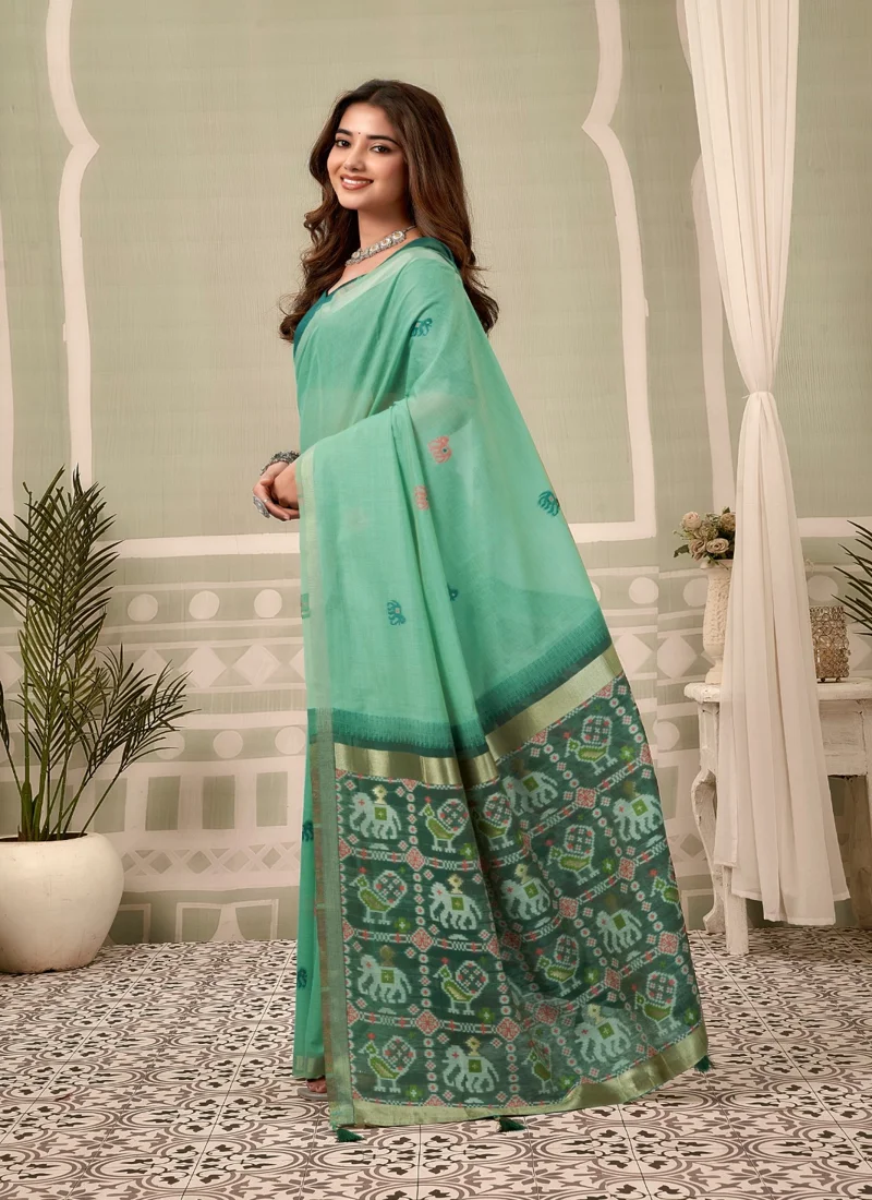 Bottle Green • zari border patola pallu with Fancy Tassels • Printed • Designer Saree - Shanaya6 - Image 4