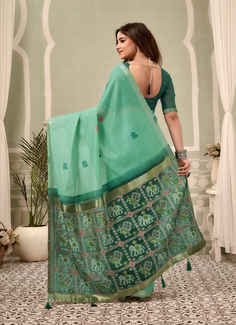 Bottle Green • zari border patola pallu with Fancy Tassels • Printed • Designer Saree - Shanaya6 - Image 5