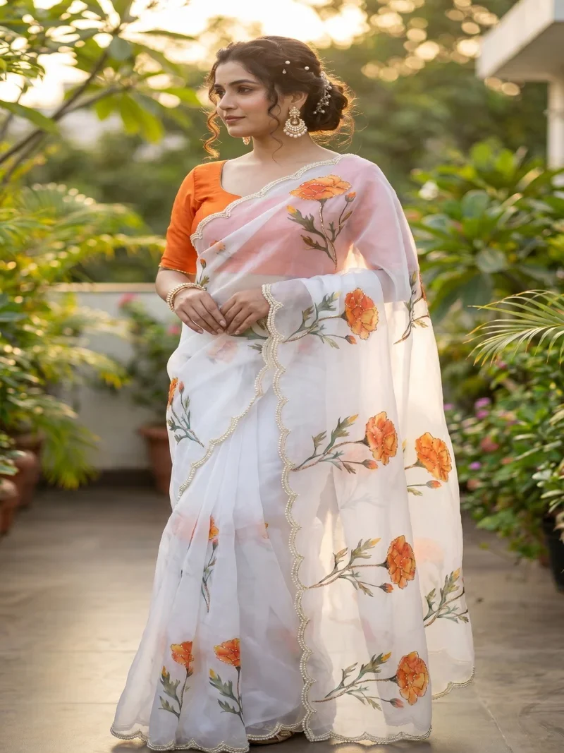 White & Orange • Taby Silk • Printed • Designer Saree - Trisha