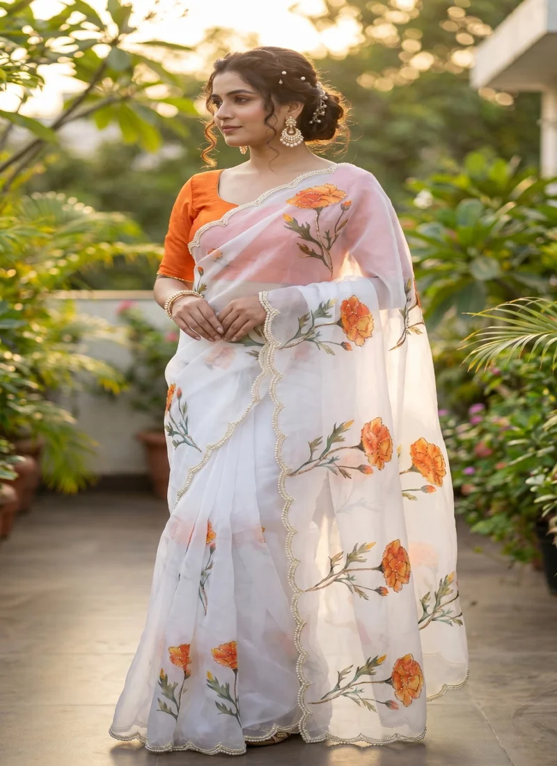 White & Orange • Taby Silk • Printed • Designer Saree - Trisha