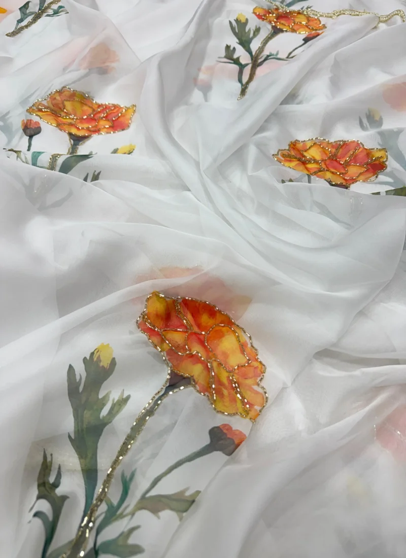 White & Orange • Taby Silk • Printed • Designer Saree - Trisha - Image 2