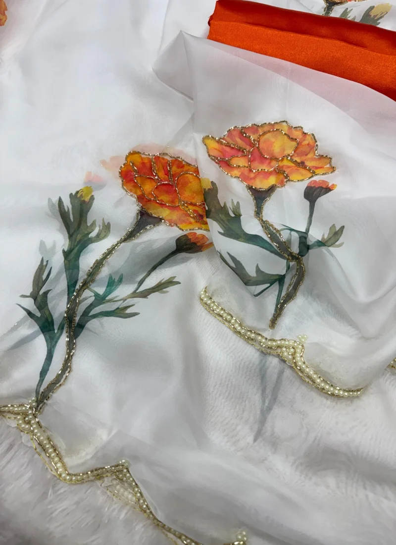 White & Orange • Taby Silk • Printed • Designer Saree - Trisha - Image 3
