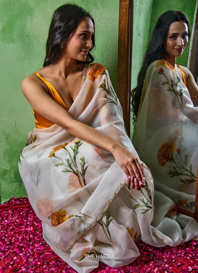 White & Orange • Taby Silk • Printed • Designer Saree - Trisha - Image 4