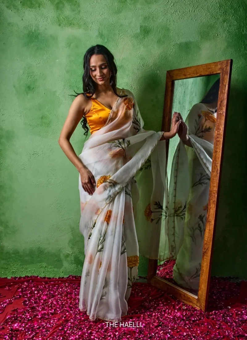 White & Orange • Taby Silk • Printed • Designer Saree - Trisha - Image 5