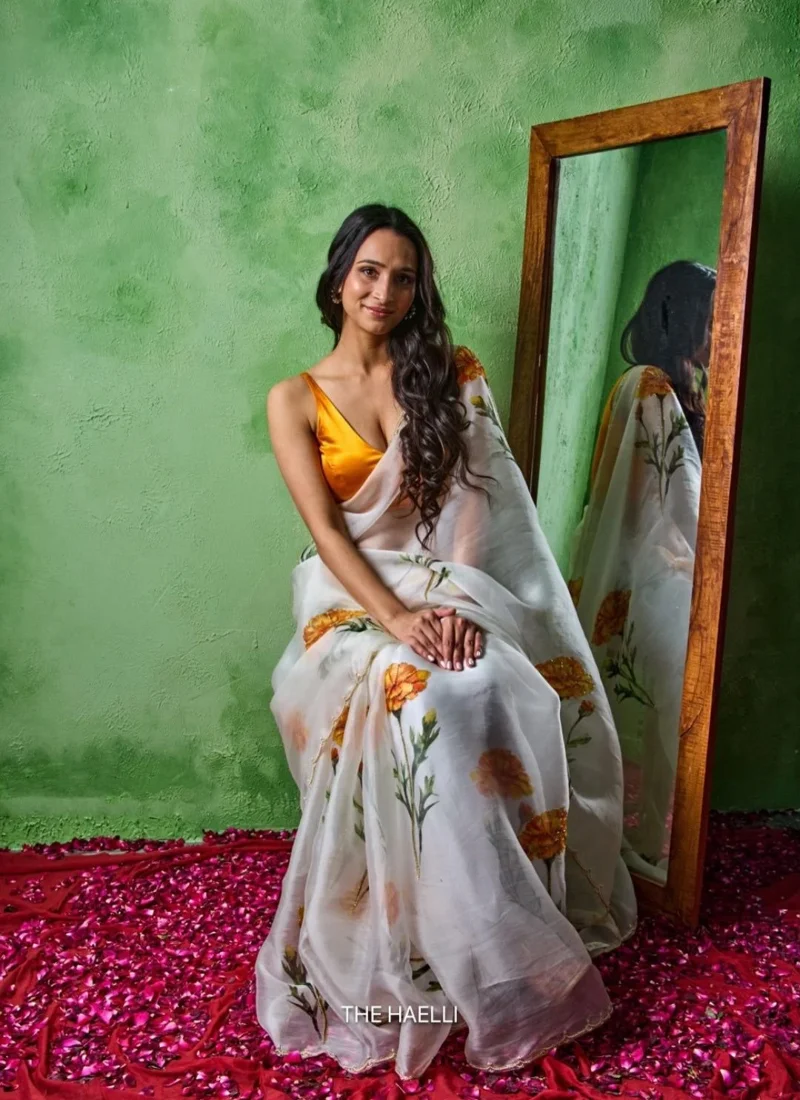 White & Orange • Taby Silk • Printed • Designer Saree - Trisha - Image 6