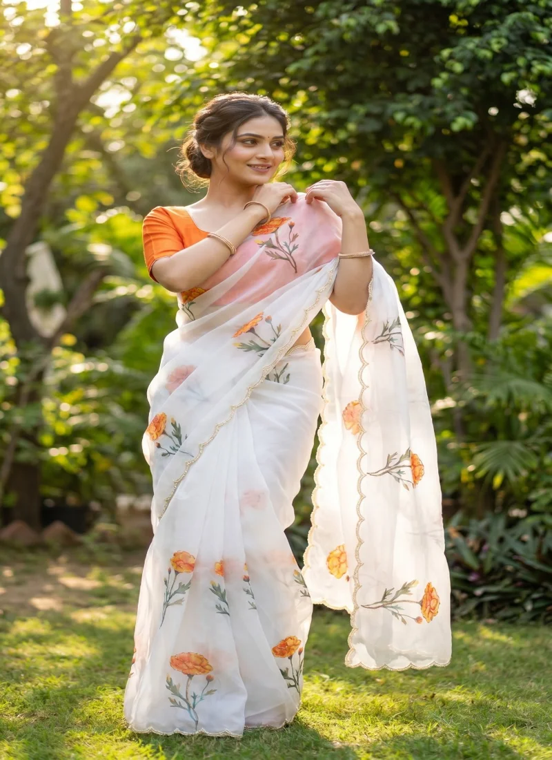 White & Orange • Taby Silk • Printed • Designer Saree - Trisha - Image 7