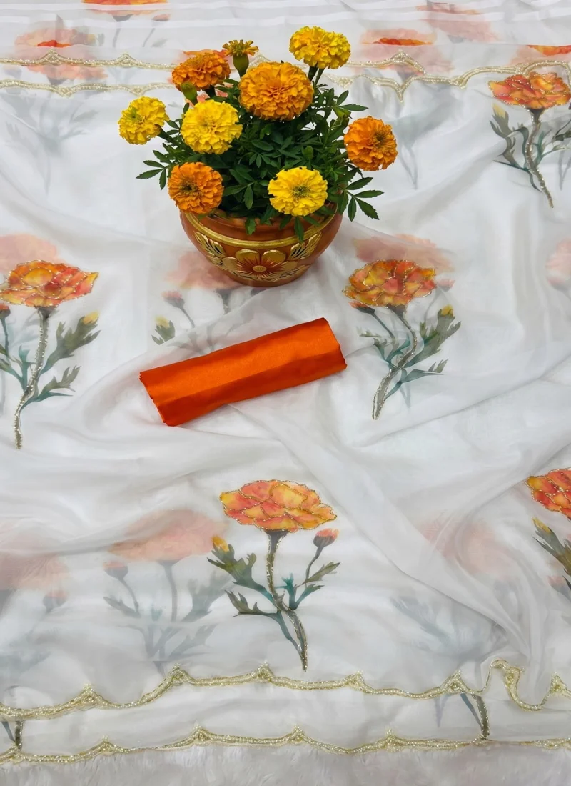 White & Orange • Taby Silk • Printed • Designer Saree - Trisha - Image 9
