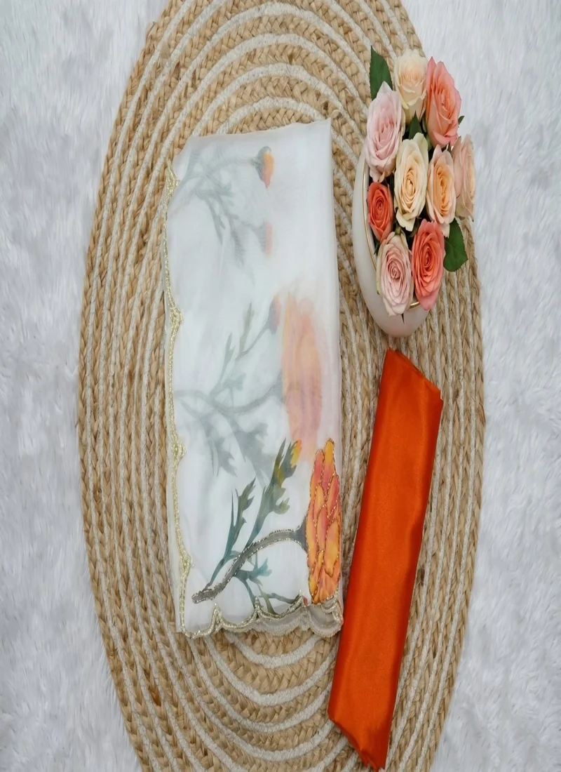 White & Orange • Taby Silk • Printed • Designer Saree - Trisha - Image 10