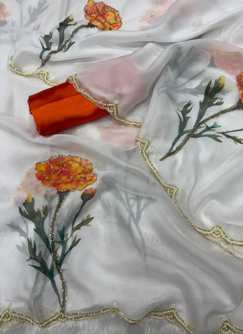 White & Orange • Taby Silk • Printed • Designer Saree - Trisha - Image 11