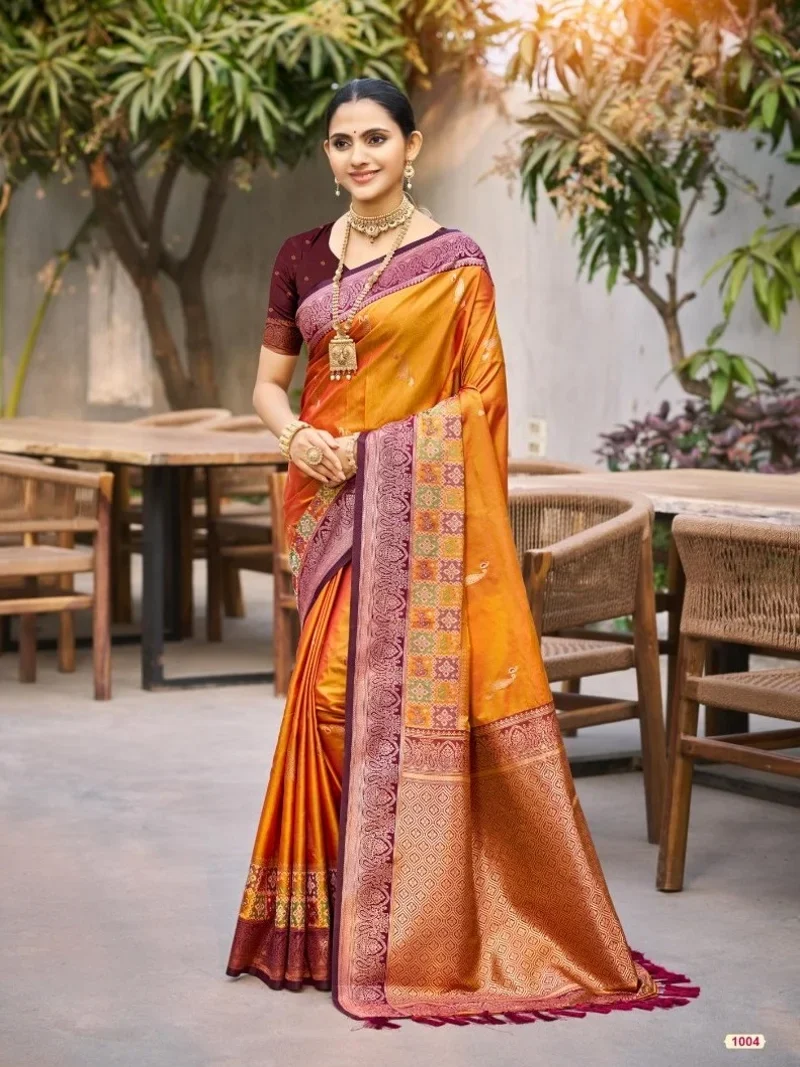 Orange Soft Silk Jacquard Silk Designer Saree for Women - Vrindavan_3