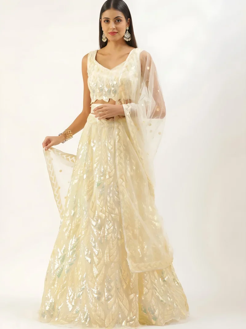 Cream Soft Net Multiple Sequins Embroidery Work Designer Lehenga Choli - 15101