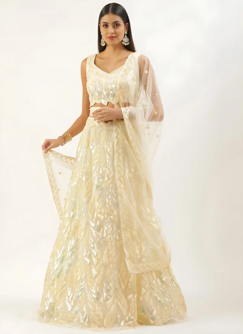 Cream Soft Net Multiple Sequins Embroidery Work Designer Lehenga Choli - 15101