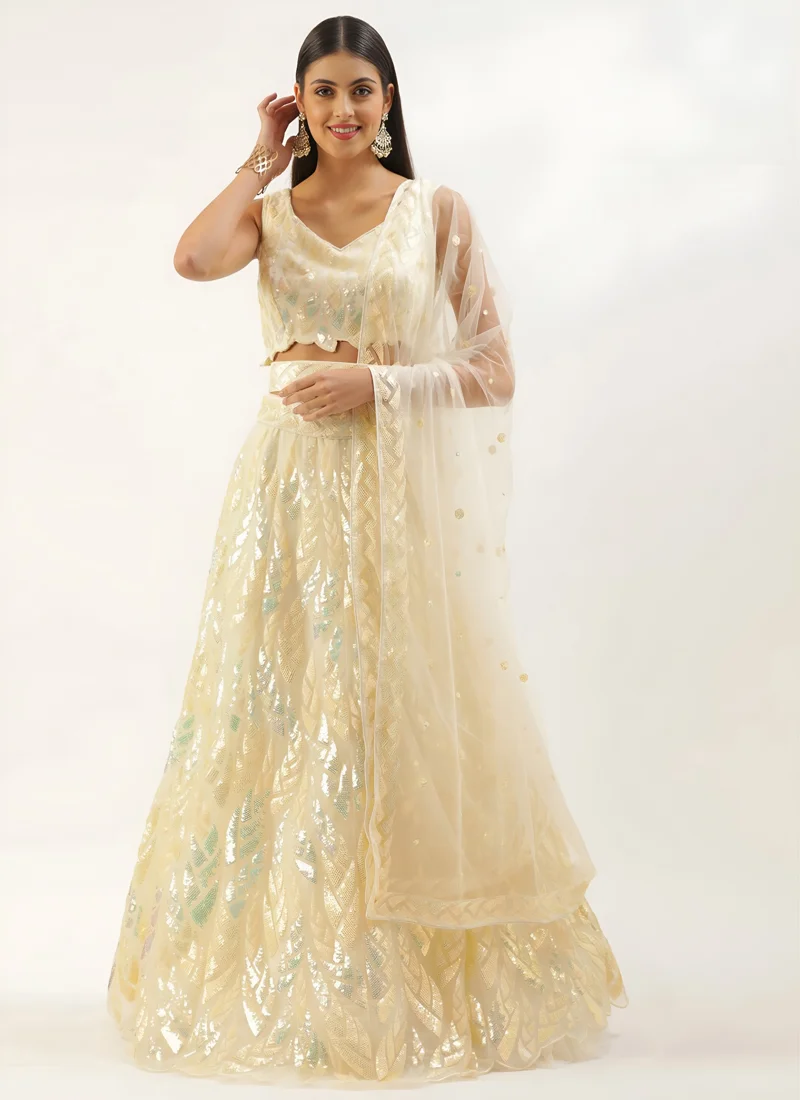 Cream Soft Net Multiple Sequins Embroidery Work Designer Lehenga Choli - 15101 - Image 2
