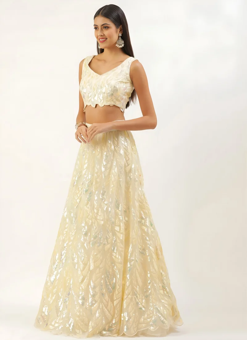 Cream Soft Net Multiple Sequins Embroidery Work Designer Lehenga Choli - 15101 - Image 3