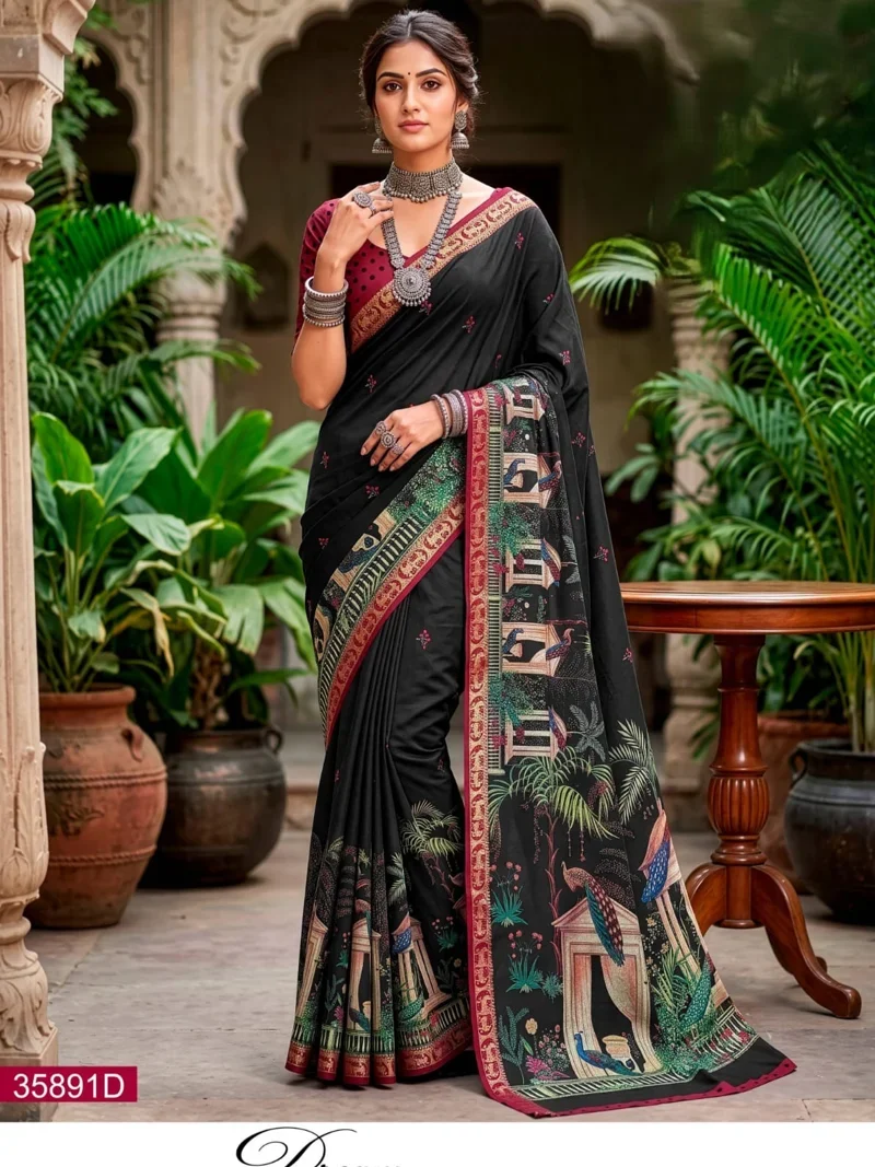 Black Mul Cotton Printed Designer Saree - 358913