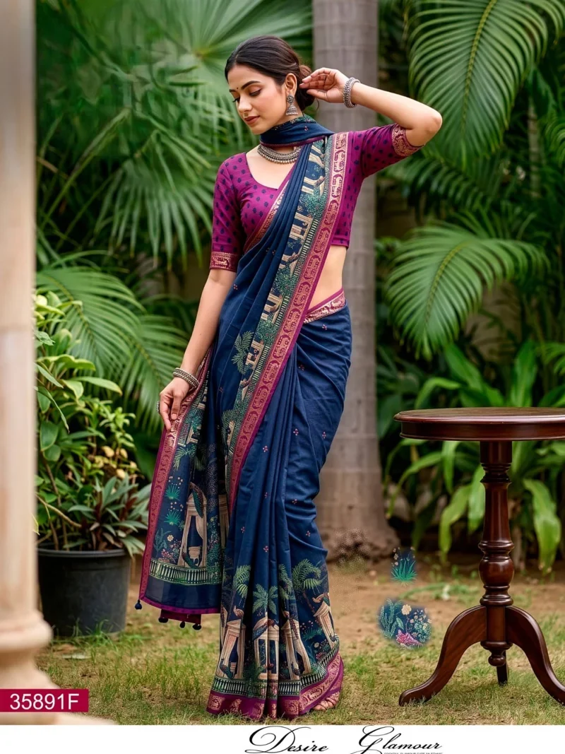 Blue Mul Cotton Printed Designer Saree - 358915